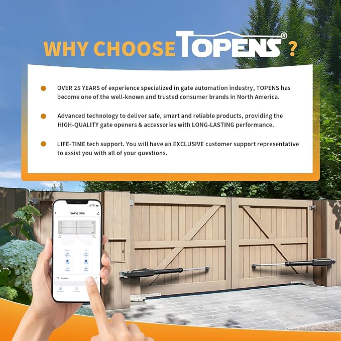 TOPENS XD852 Smart Gate Opener for Heavy Duty Dual Swing Gates Up to 18ft per Arm, Automatic Gate Opener with App Control AC Powered Remote Control Kit Solar Compatible