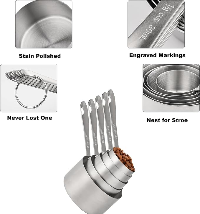 Measuring Cups and Spoons Set 11, 18/8 Stainless Steel Measuring Cups and Spoons for Dry & Liquid, 5 US & Metric Measure Cups and 6 Measure Spoons Set for Kitchen & Baking Measuring Tools