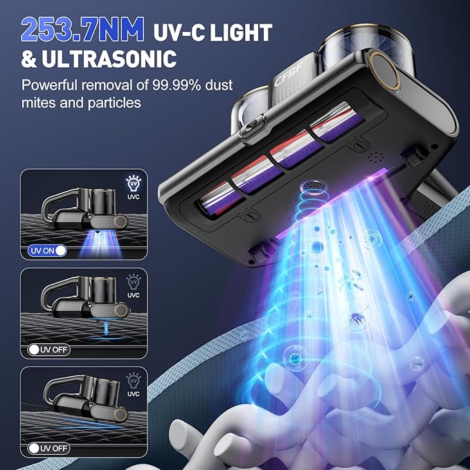 CFBF Mattress Vacuum Cleaner, Bed Vacuum Cleaner with 16Kpa Suction 253.7nm UV-C Light, Ultrasonic & High Heating, 500W Powerful Double-Cup Handheld Vacuums