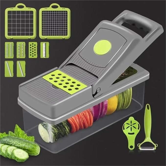 16 in 1 Kitchen Vegetable Cutter with Interchangeable Blades Carrot Grater Potato Peeler Slicer Tool with Storage Container Green
