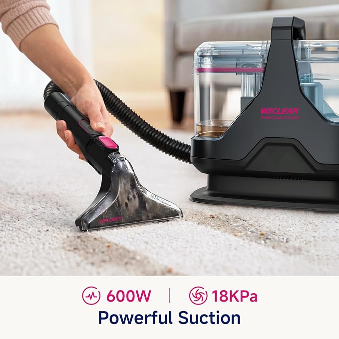 Portable Carpet Cleaner，18kPa Handheld Spot Cleaner for Upholstery and Car Interior，Pet Stain Remover with 500ml Tank，Lightweight for Sofa，Couch，Stairs，Mattress，Black and Pink