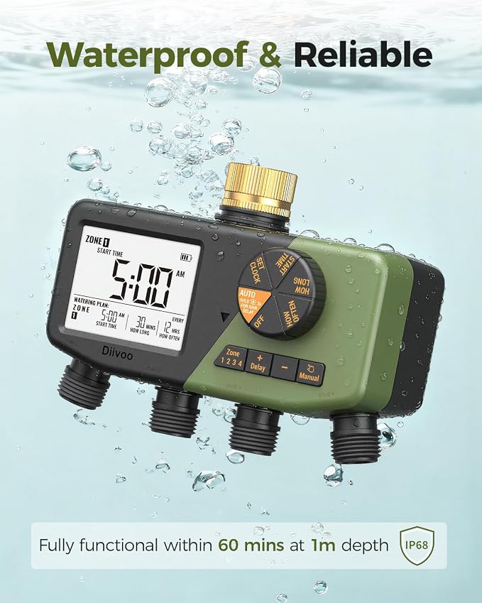 Diivoo 4 Zone Sprinkler Timer with Brass Inlet, IP68 Waterproof Water Timer,for Garden Hose with Large Display, Digital Control & Rain Delay & Manual Watering for Lawn, Yard