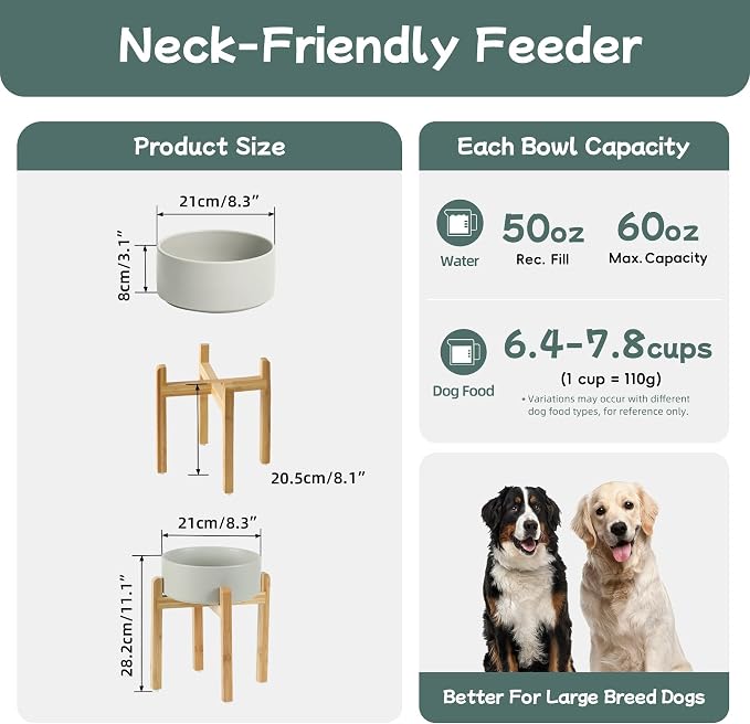 Havniva Dog Bowls Elevated, Ceramic Dog Food and Water Bowl | 8.3” Raised Dog Food Bowl, Elevated Dog Bowls with Bamboo Stand, Non-Slip Dog Water Bowl for Large Dog, Large Capacity