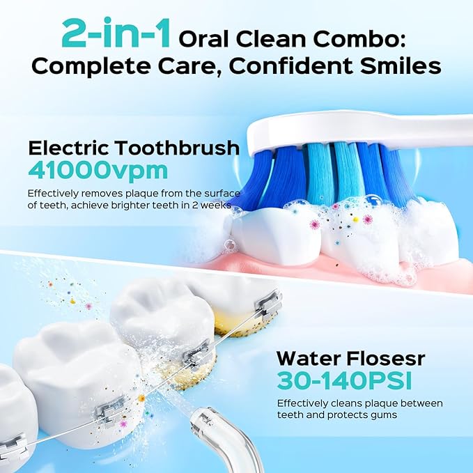 COSLUS C51C30 Water Flosser Electric Toothbrush Combo, 2-1 Oral Clean Kit | Portable Brushing & Flossing for Teeth & Braces Cleaning, Multiple Modes for Family Use, Cordless for Home & Travel, Pink