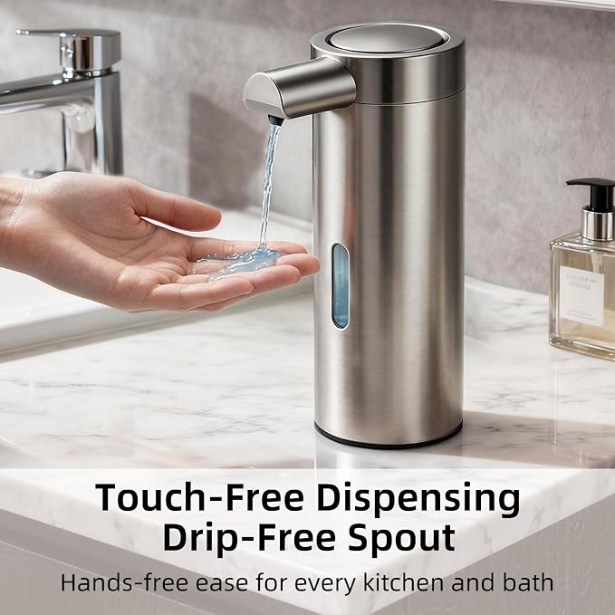 Automatic Soap Dispenser, 12 fl oz, Stainless Steel, Touchless, Champagne | Liquid Hand Soap Dispenser, Variable Dispense, Rechargeable, No-Drip Spout, For Kitchen and Bathroom