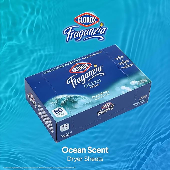Clorox Fraganzia Fabric Softener Dryer Sheets Fresh Ocean Breeze Scent Wrinkle Reducing Anti-Static Formula Softens Fabrics Clothes Linens Bedding and Towels Fresh Laundry 80 Count 6 Pack