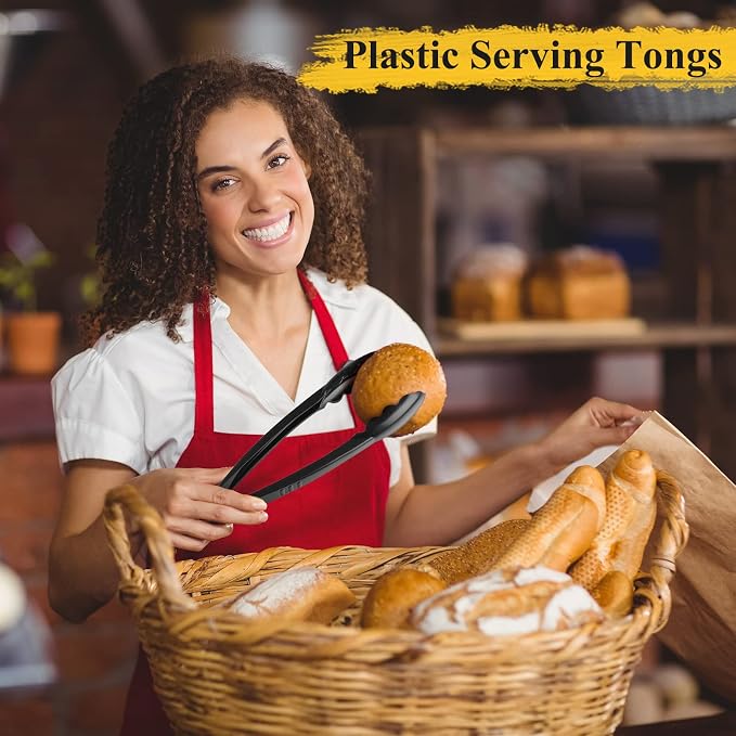 Tessco for you 80 Pcs Plastic Tongs for Serving Bulk, 9 Inch Plastic Disposable Serving Tongs, Heavy Duty Salad Tong for Kitchen, Buffet, BBQ, Events & Catering (Black)