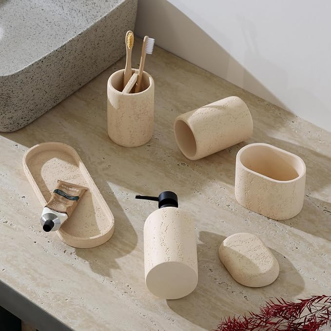 Bathroom Accessories Set, Travertine Stone Look, 5 PCS, Yellow | Modern, Bathroom Set with 13.53 OZ Soap Dispenser, Toothbrush Holder, Tumbler, Vanity Tray, Cotton Swab Jar for Countertop
