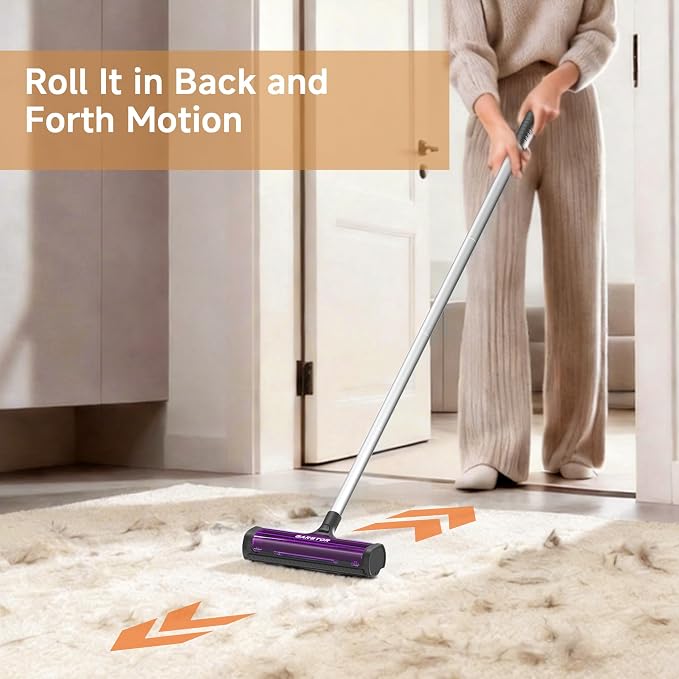 Pet Hair Remover for Carpet, Carpet Sweeper with Dust Container | Carpet Hair Removal Tool with 5 Feet Long Handle to Remove Cat and Dog Hair from Carpet, Rugs, Mats, Furniture, Upholstery