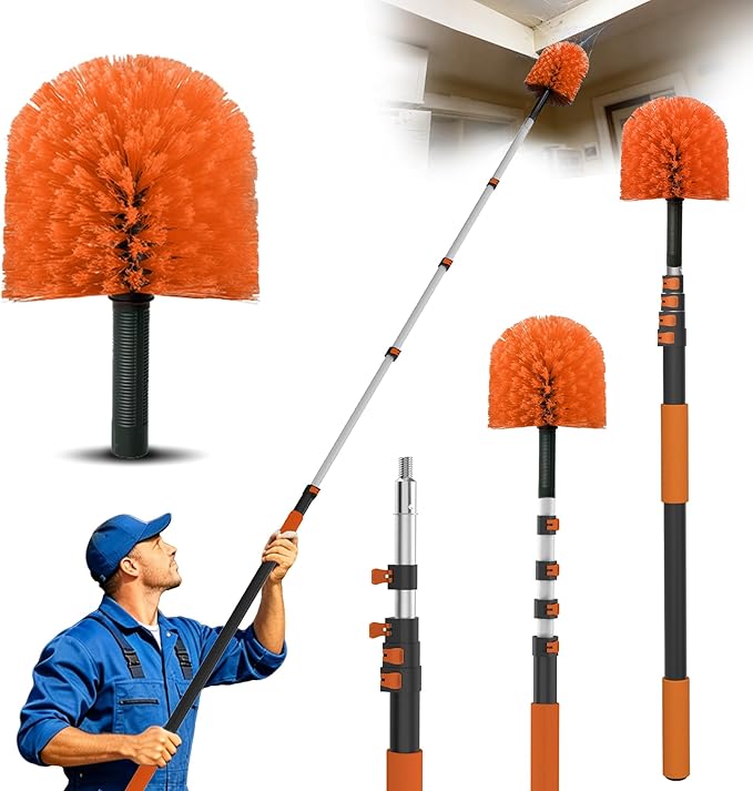 15FT Reach Cobweb Duster with Extension Pole - Spider Web Brush for Cleaning with 3-12FT 4-Section Flip-Lock Telescopic Pole, Effortlessly Cleans High Indoor & Outdoor Webs