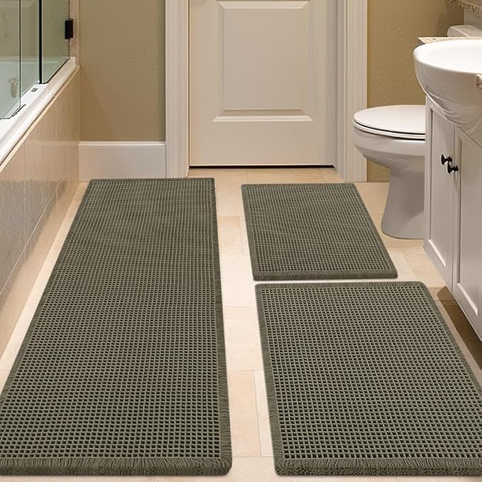 IM HOME Waffle Bath Mat Set 3 Piece Olive Green,Woven Modern Bath Rug Mats, Absorbent Non Slip Bath Floor Mat, Soft Washable Boho Bath Rugs with Tassels for Bathroom, Bedroom, Kitchen,Tub