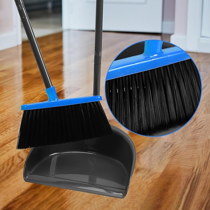REEWII Broom and Dustpan Set ，Long Handle Broom with Upright Standing Dust pan for Indoor Outdoor Home Kitchen Office Floor Cleaning
