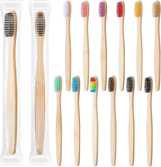 Sieral 12 Pcs Bamboo Toothbrushes Bulk, Soft Bristle Bamboo Toothbrush, Individually Wrapped for Adults Travel Family Hotel Party, 7 Inch 12 Color