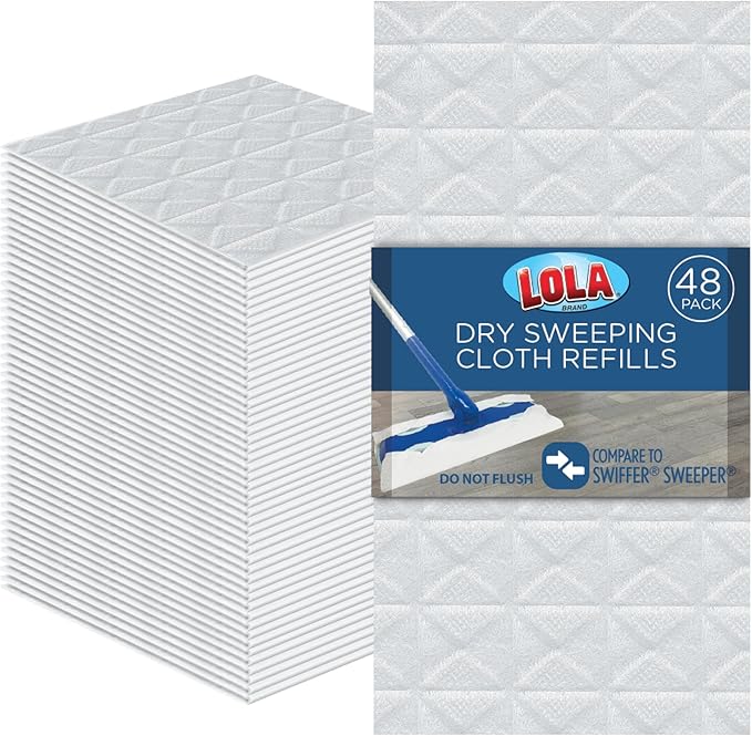LOLA Dry Sweeping Cloth Refill Pads, 48 Pack, Unscented, Compatible with Swiffer Floor Mop, Comparable to Swiffer Refills, 11" x 8.13"