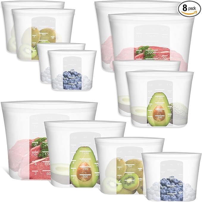 Reusable Storage Bag, 8 Pack 100% Silicone Food Storage Bags Stand Up Zip Lock Bags for Food, Freezer Microwave Oven Dishwasher Safe, 2 X-Large(0.8 Gallon) 2 Medium 2 Small 2 X-Small, Translucent