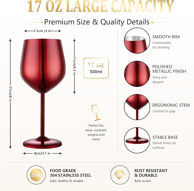 UNISWEET Unbreakable Stainless Steel Wine Glasses Set of 4, Mirror Red | 17oz Unique Fancy Metal Wine Goblets, Shatterproof, Ideal for Outdoor, Camping, Travel, Pool, Great Gift for Wine Lovers