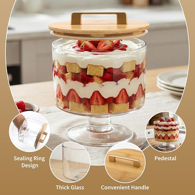 Trifle Bowl with Pedestal and Lid, 70oz - Crystal Clear Glass, Wood Lid with Convenient Handle and Sealing Ring, for Laying Layered Dessert, Ice Cream and Cake, Ideal for Party Displays