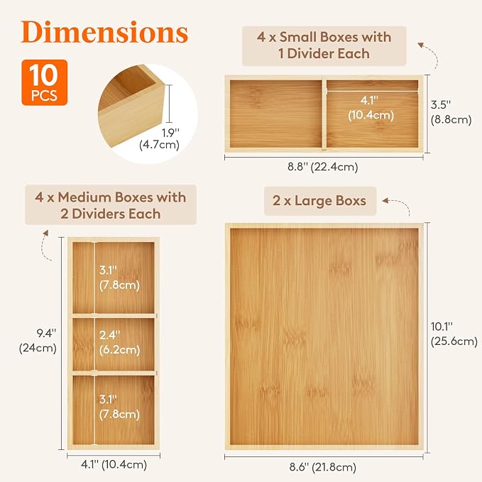 Lifewit Drawer Organizers 10 Pack(22 Grid) with 12 Inserts, Adjustable Bamboo Wooden Drawer Dividers, Stackable Storage Box for Utensils, Silverware, Makeup, Junk in Kitchen/Bathroom/Office/Vanity