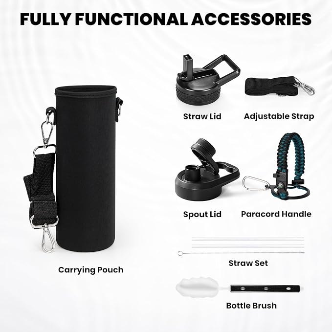 RAYMYLO Insulated Water Bottle 24 oz, Triple Wall Vacuum Stainless Steel (Cold for 24Hrs, Hot for 12Hrs), Leak Proof & Non-BPA, Modern Water Flask Jug with Paracord Handle & Straw Spout Lids