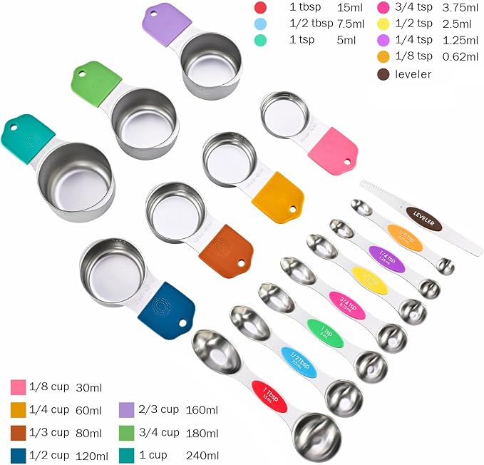 EDELIN Magnetic Measuring Cups and Spoons Set, Stainless Steel 7 cup and 7 spoon with 1 Leveler, 18/8 304 stainless steel (Multicolour 15 sets)