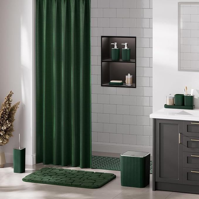 XLHOMO 26PC Bathroom Accessories Set - Gorgeous Green Bathroom Set, Bathroom Accessory Set, Shower Curtain Set with Bathtub Mats for Shower Tub, Trash Can & Soap Dispenser