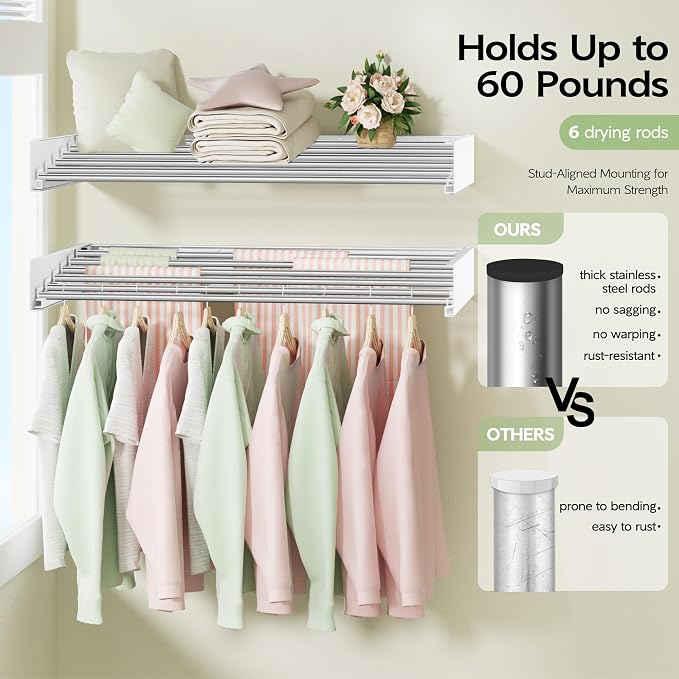 Vikaqi Wall Mounted Clothes Drying Rack 40 inches, Foldable Wall Mount Laundry Rack Folding Indoor, Drying Rack Clothing Collapsible, Hidden Space Saver with Wall Template, 6 Rods, White