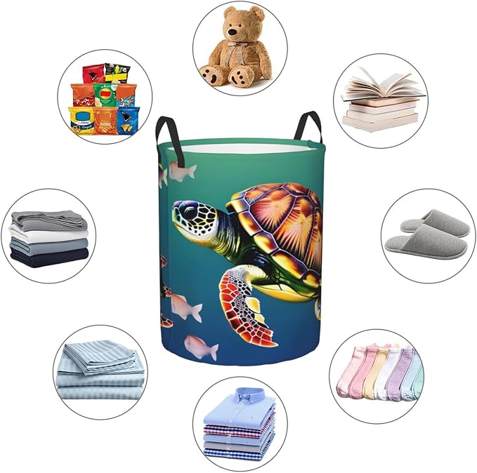 Sea Turtle With Fishes Large Foldable Laundry Basket Hamper,Storage Basket Bin With Handles,For Bathroom,College