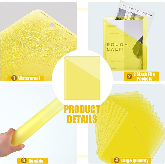 Seajan 48 Pcs Pocket Folders for 3 Ring Binder Clear Plastic Folders Sleeves with 2 Pockets 3 Hole Punch Binder Dividers Poly Slash File Jackets for Office School Document Organizer (Yellow)