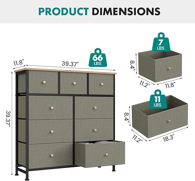 OLIXIS 9 Drawer Storage Dresser with Wood Top - Wide Fabric Chest Organizer for Bedroom, Closet, Living Room,Tower Cabinet, TV Stand, Hallway Entryway Furniture,Dark Green