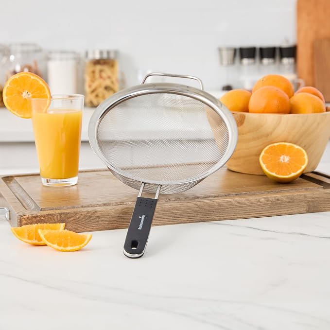 Restaurantware Fine Mesh Strainer 1 Count 15" x 7.8" x 3" with Silicone Handle Stainless Steel Extra Fine Mesh Strainer Heat-Resistant Handle Dishwasher-Safe for Rice, Quinoa, Pasta