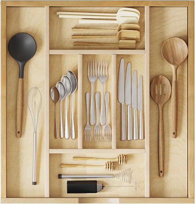 WelFurGeer Premium Wooden Silverware Organizer for Kitchen Drawers, Utensil Tray for Kitchen Drawer, Cutlery Drawer Organizer for Forks, Spoons, Knives - Sturdy Birchwood, Natural Finish