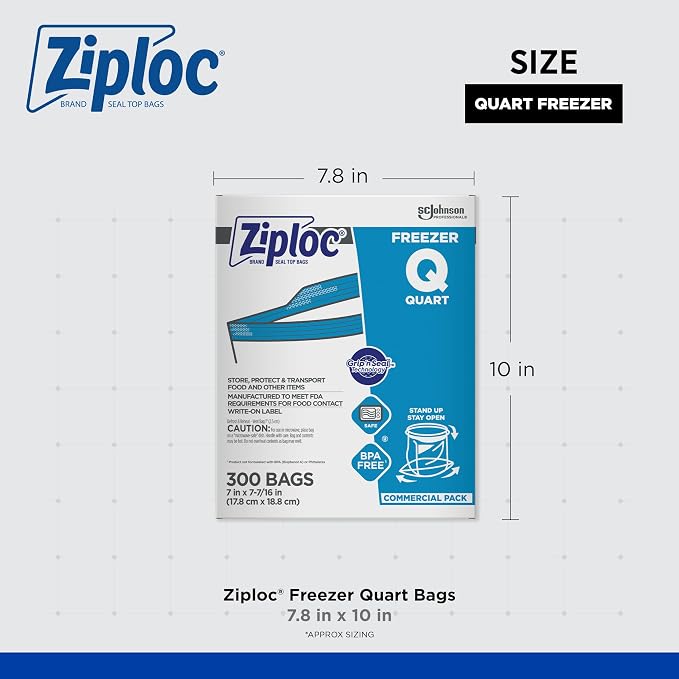 SC Johnson Professional Ziploc Quart Food Storage Freezer Bags, Grip 'n Seal Technology for Easier Grip, Open, and Close, 300 Count