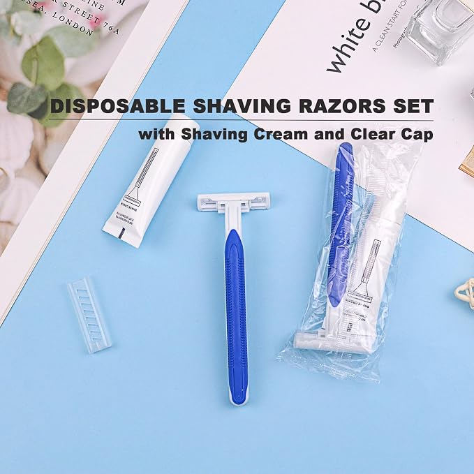 Disposable Razors in Bulk Pack of 30,Blue Disposable Shaving Razors Individual Wrapped Twin Blade Bulk Disposable Razors with Clear Cap and 10g Shaving Cream for Homeless,Hotel,Travel,Charity,Shelter