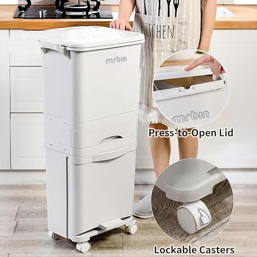 MRBIN 42L 3-Tier Kitchen Trash Can with Pedal & Wheels, 11Gal Double-Layer Recycling Center, Vertical Garbage Bin for Kitchen, Office, Bathroom