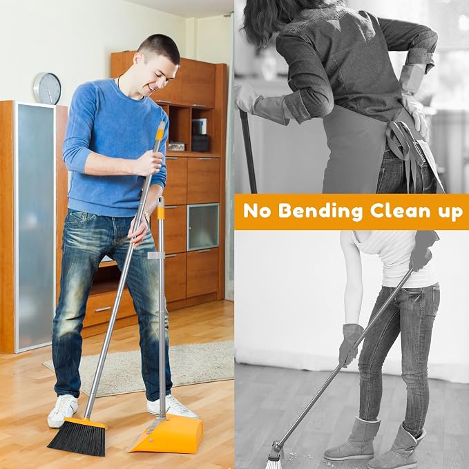 Broom and Dustpan Set with Long Handle 52", Standing Broom and Dust Pan Set for Home Kitchen Room Office Lobby Yellow
