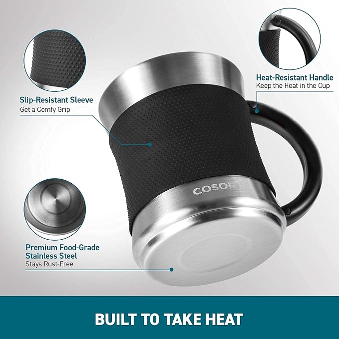 Cosori Coffee Mug Warmer & Mug Set, 1°F Precise Temperature Control | Digital Cup Heater, Touch Tech & LCD Digital Display (77-194℉), 304 Stainless Steel, for Desk, Office, Silver/Black