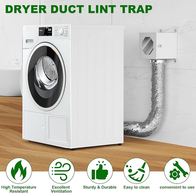 Metal Dryer Duct Lint Trap, Indoor Dryer Vent Kit with 90 Degree Elbow, 4 inch Duct Hose & Clamps Sealing Tape Cleaning Brush Filter, Secondary Lint Trap for Electric Clothes Dryers- White