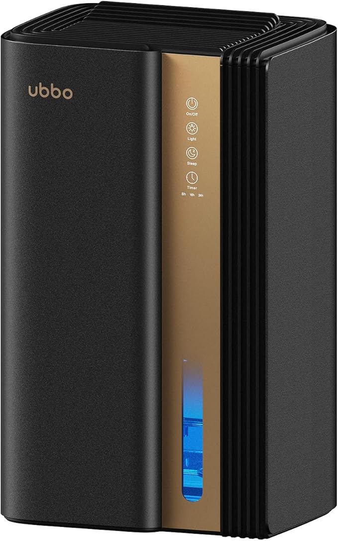 UBBO 95oz Dehumidifiers for Home, 1000 Sq.Ft Dehumidifier with Drain Hose - Auto Shut Off, Timer, Sleep Mode & Drain Hose - 7 Color Light for Bedroom, Bathroom, RV - Black Gold