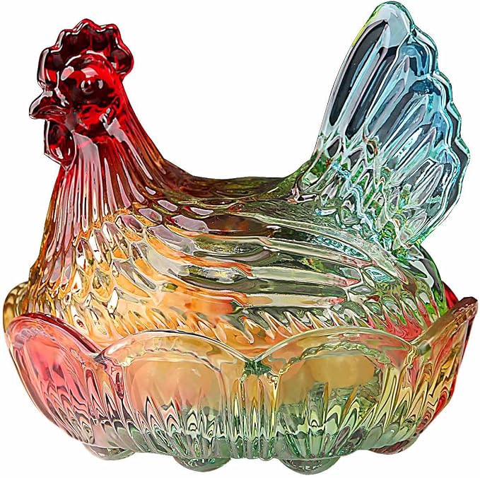 Hen-Shaped Crystal Glass Candy Dish,Pastoral Style Candy Bowl with Lid,Muti-Color Tabletop Dessert Plate Snack Bowl Egg Tray