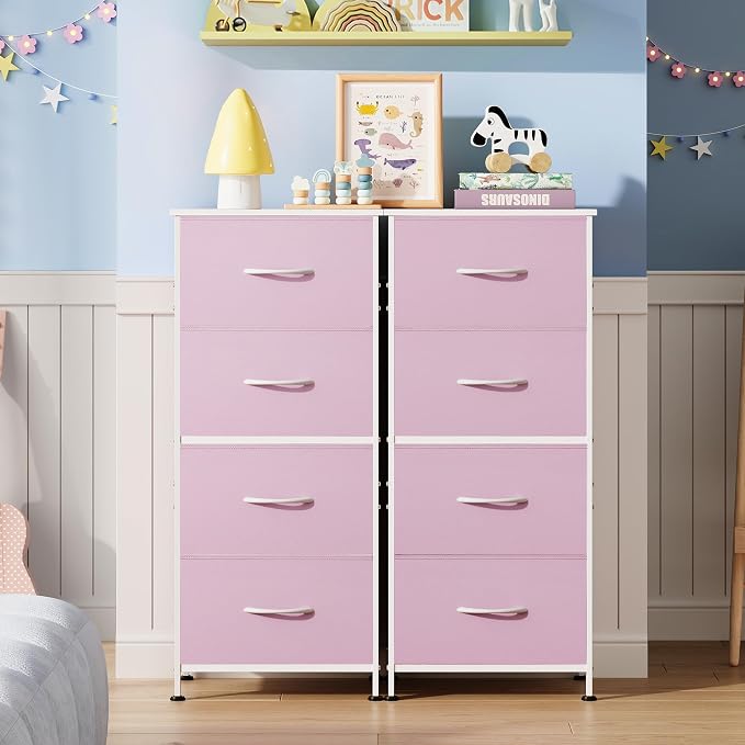 WLIVE Small Dresser Nightstand for Bedroom, 4 Drawers, A-Pink | 4 vertical fabric drawers, Space-saving tower, Bedroom or closet use, Chest of drawers, Dresser for small spaces