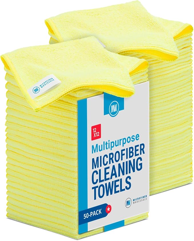 12" x 12" Microfiber Cleaning Cloths (50 Pack) - Reusable Towels, Wash Rags, Dust Cloth, All-Purpose: Kitchen, Dish, Cars, Shop, Glass (Yellow)