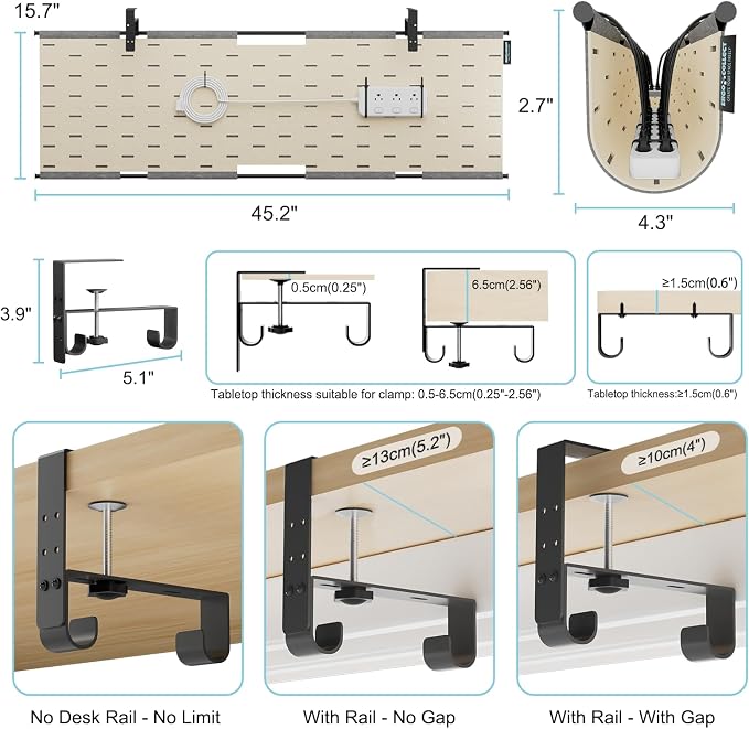 No Drill Under Desk Cable Management Tray, 45.2" Felt Cord Organizer | Convertible Cable Tray & Privacy Panel, Clamp or Screw Mount, Pegboard Wire Management, Dual-Layer Felt, Standing Desk