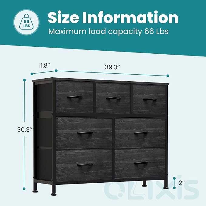 OLIXIS 7 Drawers Dresser for Bedroom, Fabric Storage Tower for Living Room, Entryway - Sturdy Steel Frame, Wooden Top and Easy Pull Fabric Bins, Closet Chests Organizer for Clothes,Black Wood Grain