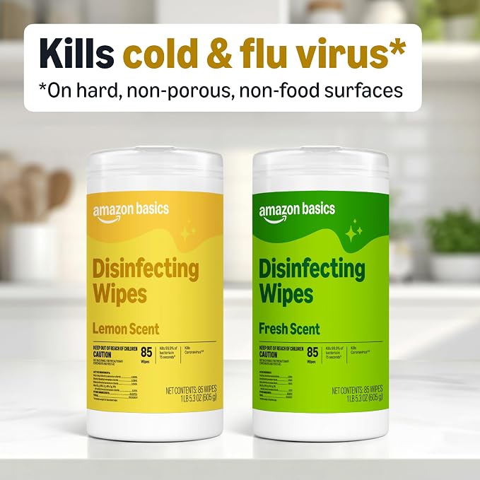 Amazon Basics Disinfecting Wipes, Lemon & Fresh Scent, Sanitizes, Cleans, Disinfects, Deodorizes, 340 Count (12 Packs of 85), Packaging May Vary