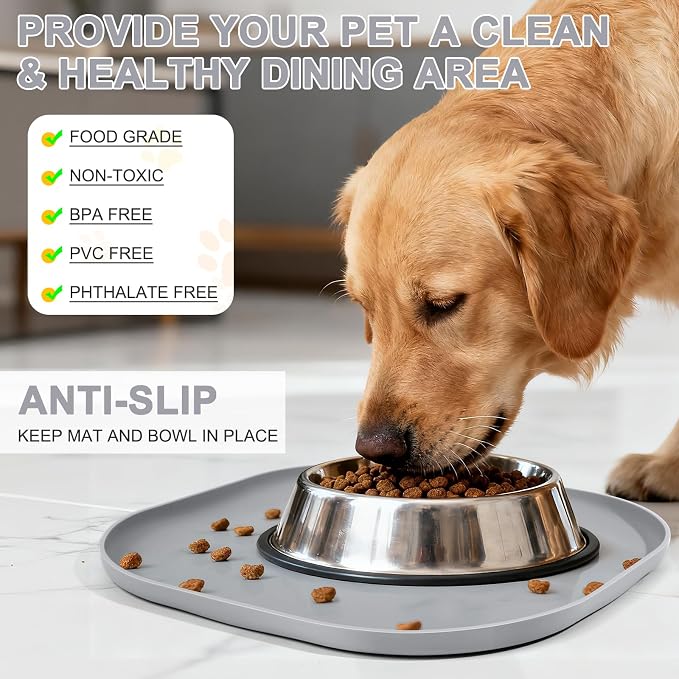 SMILOOL Waterproof Silicone Pet Food Mat with Raised Edge for Dog & Cat | 12" x 12" Non-Slip Small Pet Feeding Mats with Lip for Food & Water Bowl, Food Grade, Easy Cleaning, Light Gray