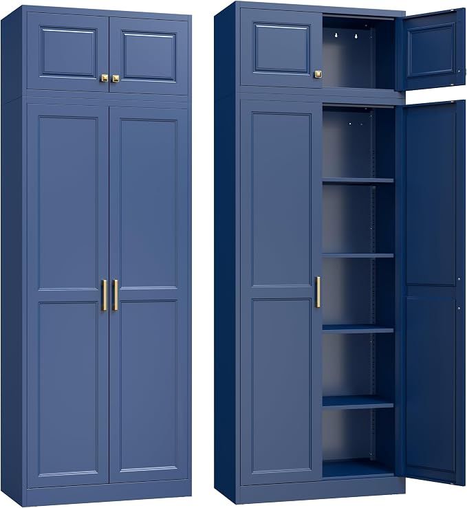 Steeloong 86"Metal Pantry Storage Cabinet with Doors & 4 Adjustable Shelves | Kitchen Pantry Cabinet,Blue Kitchen Cabinet with 4 Gold Handles,Tall Cabinet for Livingroom,Pantry, Bathroom,Kitchen,Garage