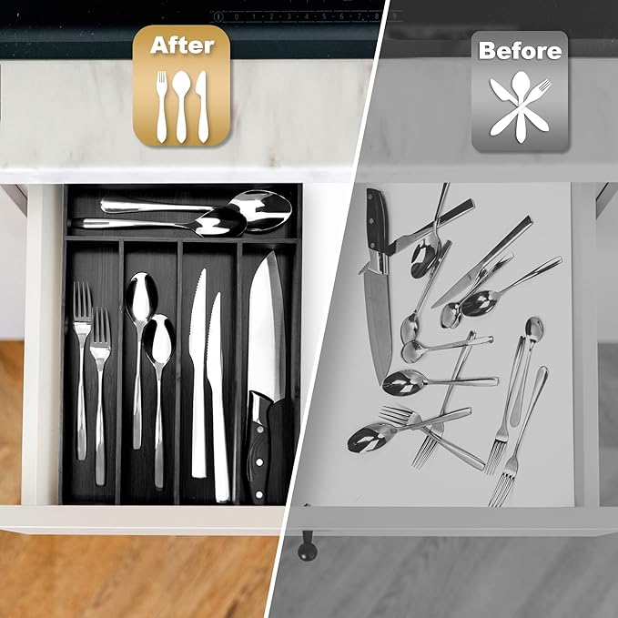 Besilord Bamboo Silverware Holder - Drawer Organizer with 5 Slots (Black)