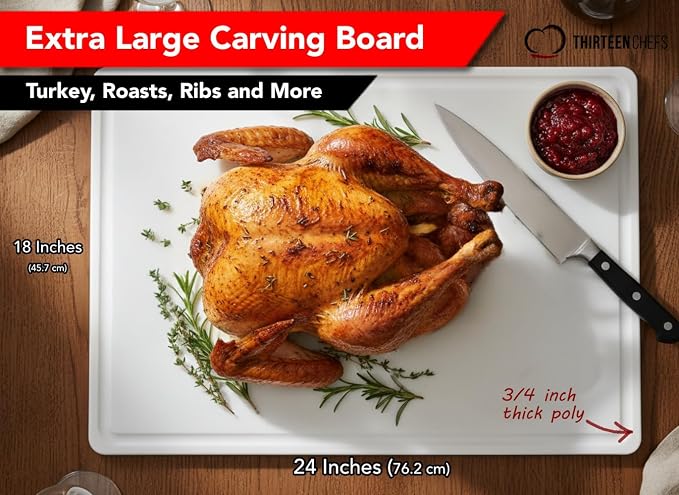 Thirteen Chefs 24 x 18 Inch Cutting Board with Juice Groove for Meat, BBQ, Grilling - 3/4" Thick HDPE Plastic - Extra Large, Heavy 11 Pound for Carving
