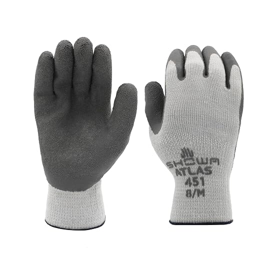 SHOWA 451 Insulated Work Gloves, Latex Coated Work Gloves with Rough Grip, Work Gloves for Winter Construction & Outdoor Work, Grey, Small, 12-Pack