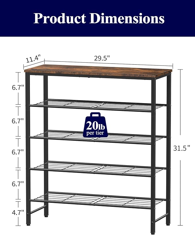 Kitsure Shoe Rack for Closet, Rustic Brown Shoe Organizer with Leveling Feet, Sturdy & Rust-Proof Shoe Storage for Entryway, Bedroom, Living Room, 29.5" x 11.4" x 31.2", Brown